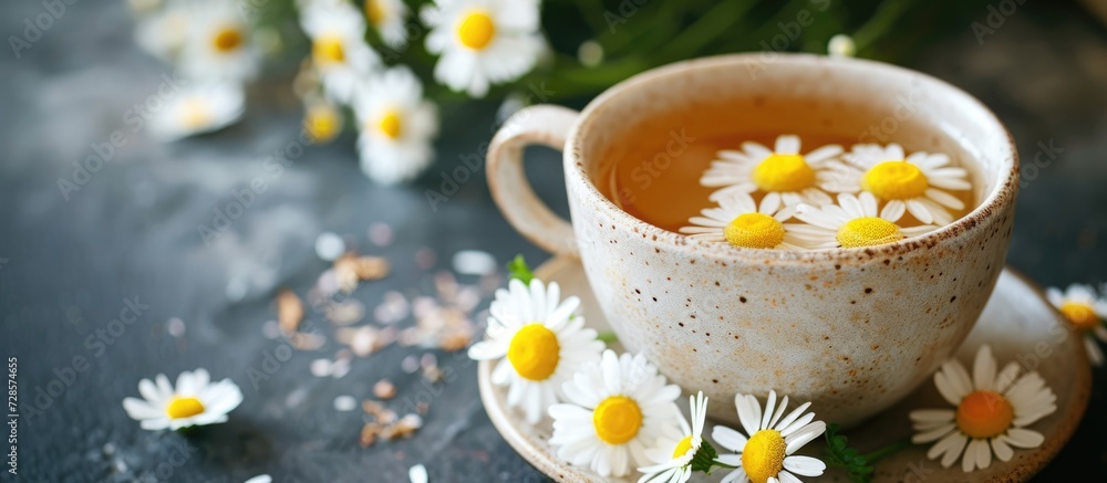 Close-up of chamomile herbal tea in a cup. Close-up of chamomile herbal tea in a cup.