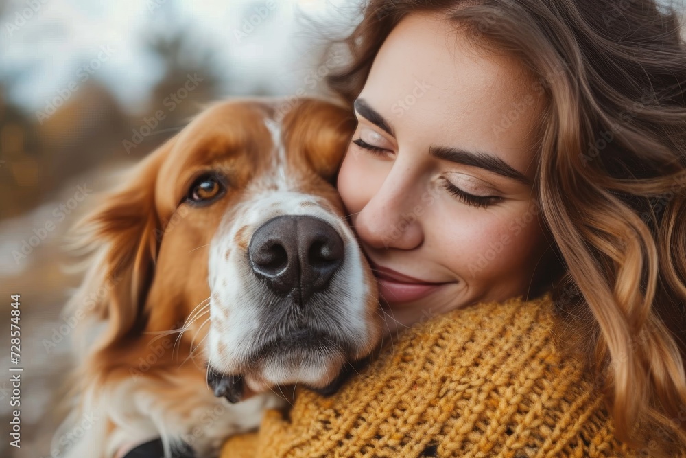 A devoted woman embraces her loyal brown dog, finding comfort and joy in the loving bond between person and pet amidst a serene outdoor setting A devoted woman embraces her loyal brown dog, finding comfort and joy in the loving bond between person and pet amidst a serene outdoor setting