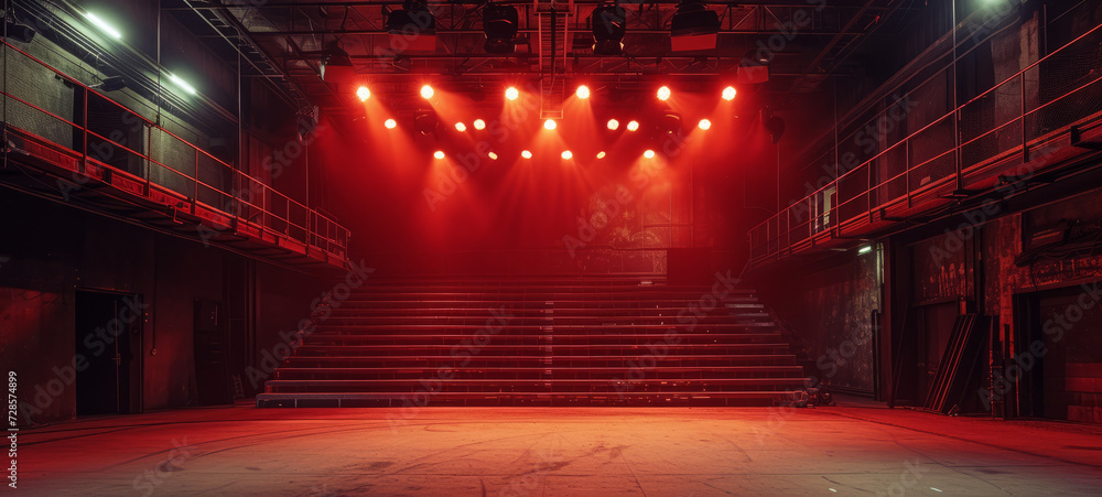 Boxing ring in a spacious empty sports club. Arena for professional boxing matches, illuminated by powerful spotlights. Red lighting. - obrazy, fototapety, plakaty 