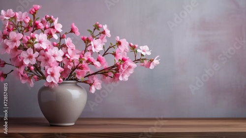 realistic photo Beautiful pink flowers in a vase on a wooden table  with a wall in the background. generative ai