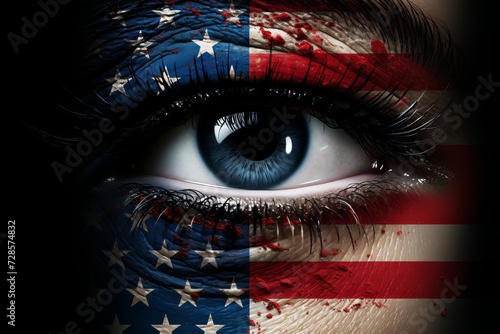 usa pride. striking close-up of female eye with american flag, vibrant colors on dark backdrop
