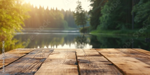 Empty wooden table top with blurred nature background. Calm sunny evening in nature with view to lake, river water and forest, park trees. Table top with copy space for product advertising
