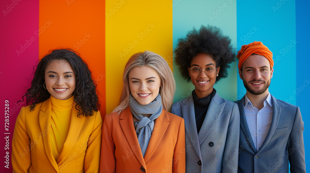 Portrait of happy multiethnic business team standing against colorful background.