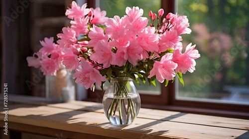 realistic photo Beautiful pink flowers in a vase on a wooden table, with a window in the background. generative ai