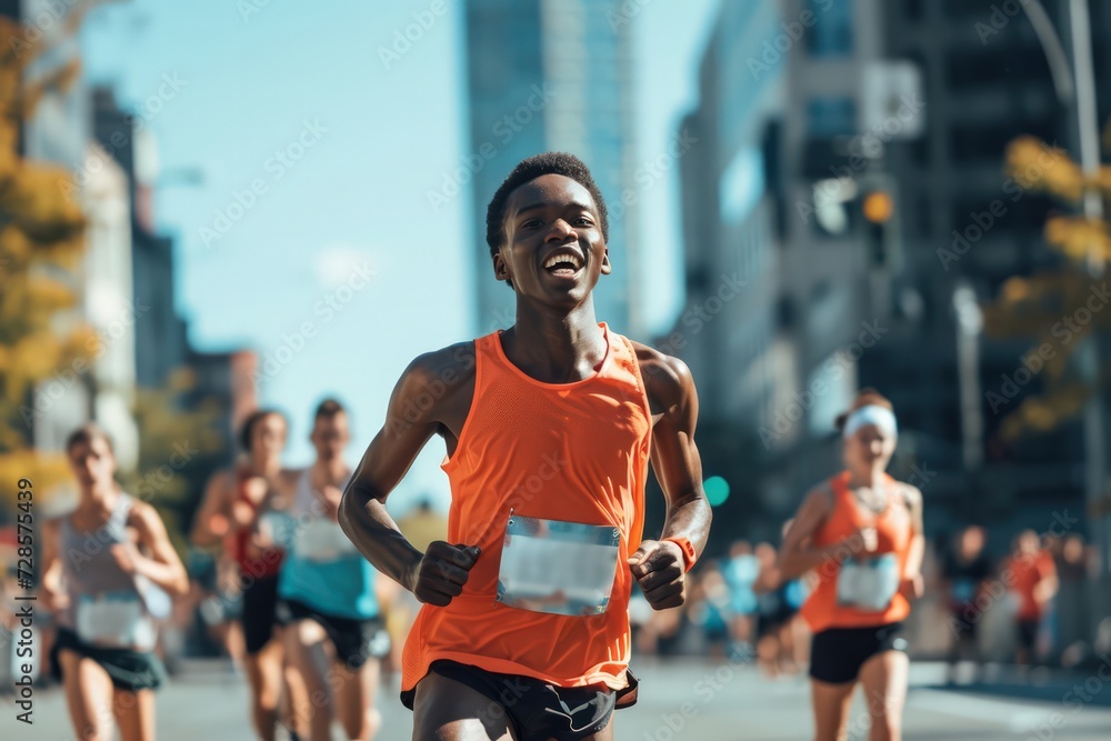 Energetic young African American male leading an urban marathon race