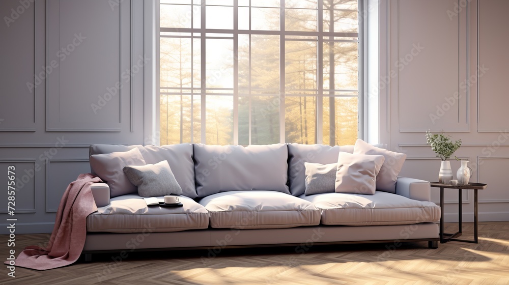 Fototapeta premium Gray sofa with cushions in spacious, well-lit living room, perfect for text or design elements
