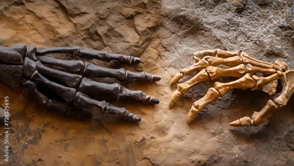 A side by side comparison of a modern human hand and the fossilized