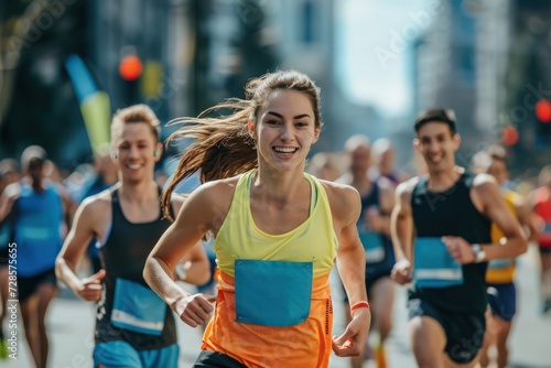 Joyful young female runner leading a city marathon