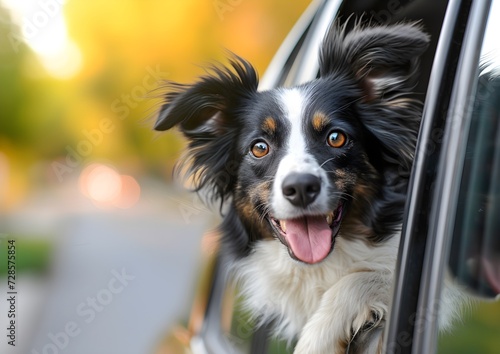 A border collie sticking head out driving car window  © Pi Pi