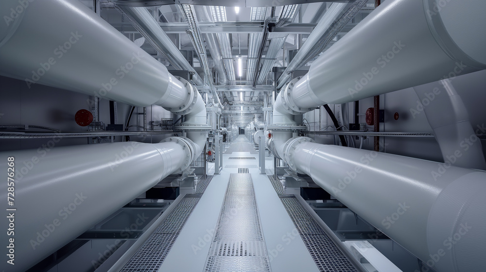 Obraz premium Tunnels, equipment, cables and pipes found in a modern industrial power plant. Wide angle.