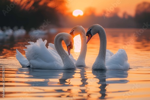 As the sun sets on the tranquil lake, a graceful group of swans glide through the glistening water, their elegant forms embodying the beauty of nature's aquatic birds