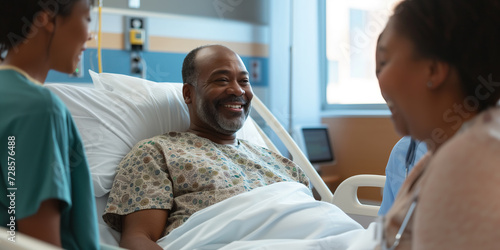 Senior Man Sharing a Laugh with Nurses in Hospital Room