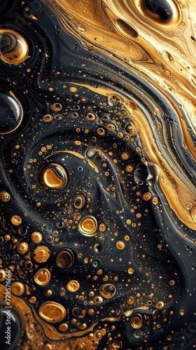 a Gold and Black swirl pattern wallpaper with bubbles, in the style of conceptual painting, delicate chromatics, fluid acrylics, white background, mixes painting and ceramics - generative ai © Nia™
