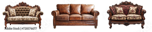  A set of classic camelback sofa and leather sofa showcasing traditional charm, isolated against a white background. photo