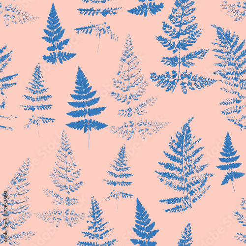 Blue Ferns Decorative vector seamless pattern. Repeating background. Tileable wallpaper print.