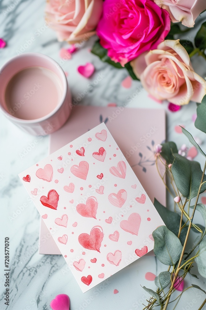 Valentine's Day card placed next to flowers and coffee on a table, AI-generated. Valentine's Day card placed next to flowers and coffee on a table, AI-generated.