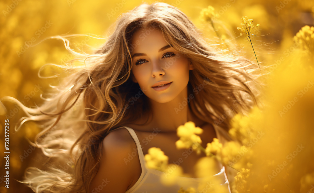 Fototapeta premium a beautiful young woman in a yellow field, in the style of luminous light effects, wavy, delicate flowers