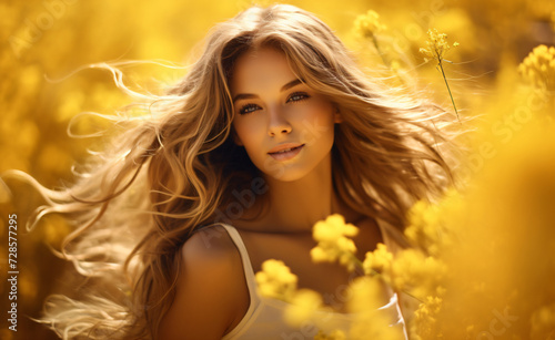 a beautiful young woman in a yellow field, in the style of luminous light effects, wavy, delicate flowers © Possibility Pages
