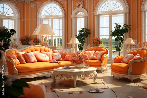 Stylishly designed cozy apartment room in warm apricot color scheme with inviting ambiance