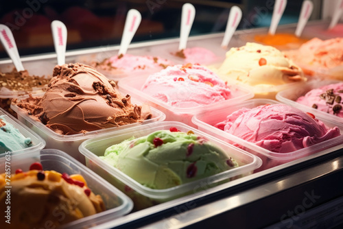 Delicious ice creams in display case in the confectioner's ice cream shop