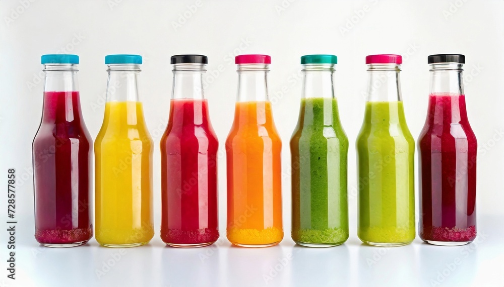Glass bottles filled with fresh fruit juice. Colorful nutrient-rich liquids. Healthy drink. Glass bottles filled with fresh fruit juice. Colorful nutrient-rich liquids. Healthy drink.
