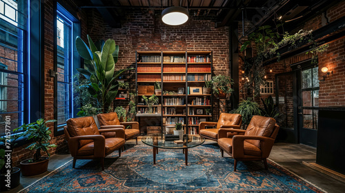 Modern Empty Podcast Studio Room. Classic Book-Lined Podcast Lounge. Vintage Leather Seating. Inviting Intellectual Discussions