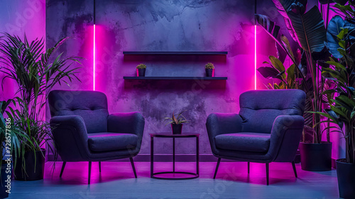 Modern Empty Podcast Studio Room. Sleek Furniture with Vibrant Pink And Purple Glow. Intimate Discussion Setting