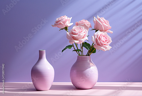 a pink vase of roses sitting in front of some purple vase