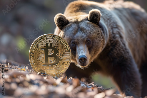 Bear with bitcoin shiner portrait for bearish down trend concept. Neural network generated image. Not based on any actual person or scene. photo