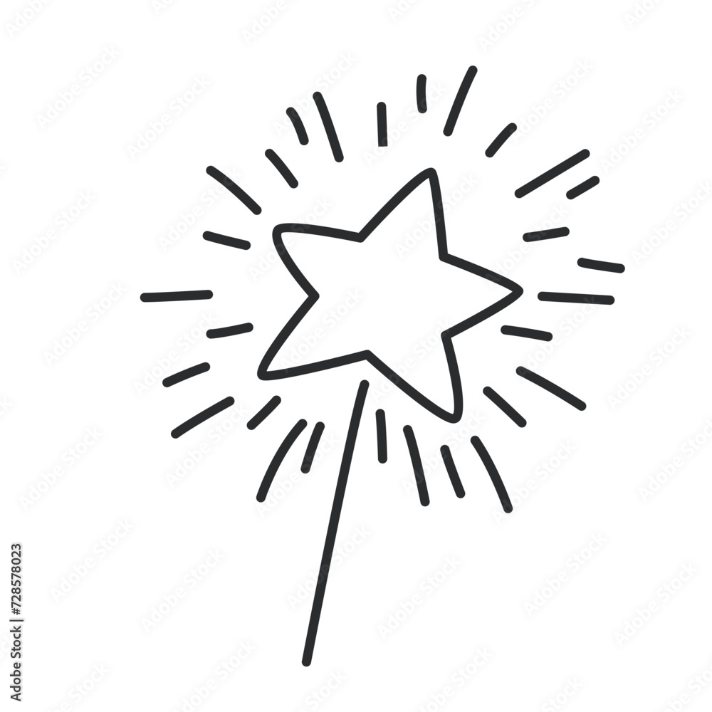 Magic star with shine and radiance line icon. Thin black outline silhouette of moving upward fireworks star, fairy wand on stick monochrome icon, dream and imagination element vector illustration Magic star with shine and radiance line icon. Thin black outline silhouette of moving upward fireworks star, fairy wand on stick monochrome icon, dream and imagination element vector illustration