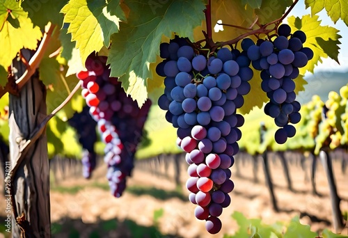 An image of a flourishing vineyard with ripe grapes hanging in clusters