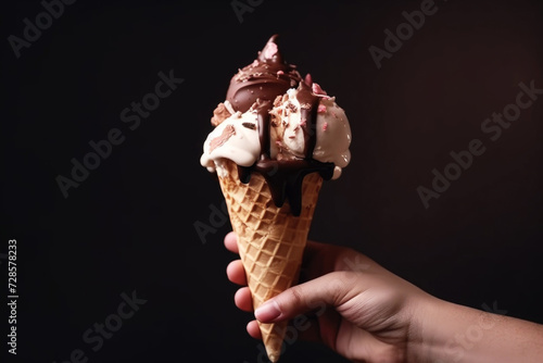 Hand holding chocolate ice cream cone