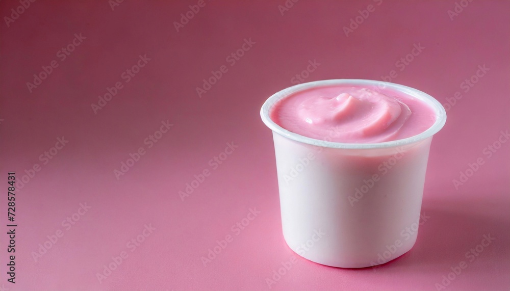Delicious pink yogurt or pudding in white plastic cup on pink. Sweet and tasty dessert. Delicious pink yogurt or pudding in white plastic cup on pink. Sweet and tasty dessert.