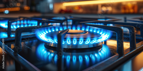 kitchen stove, blue gas burner with gas turned on, blue gas flame from a gas burner