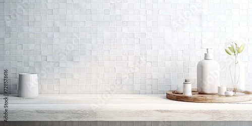 Wall tiles used as a background for design products in an interior bathroom table with a white mosaic.
