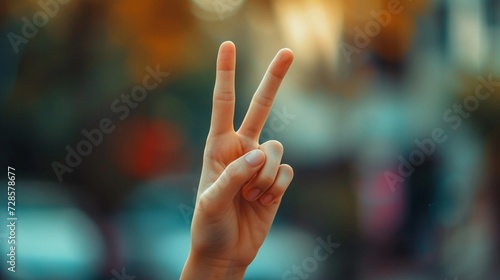 Close-up of female beautiful hand raising two fingers victory symbol, background image, generative AI