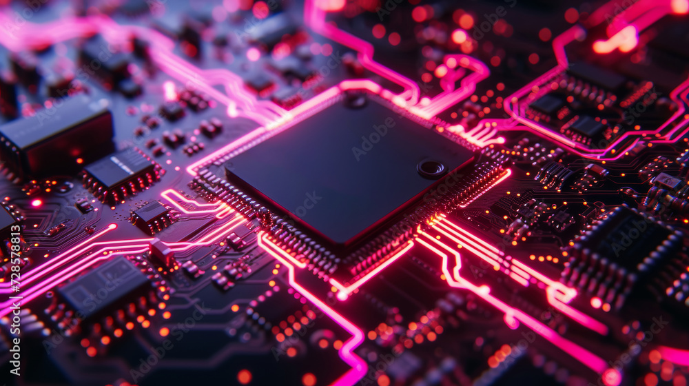 A neon-lit circuit board, illuminating the inner workings of technology A neon-lit circuit board, illuminating the inner workings of technology