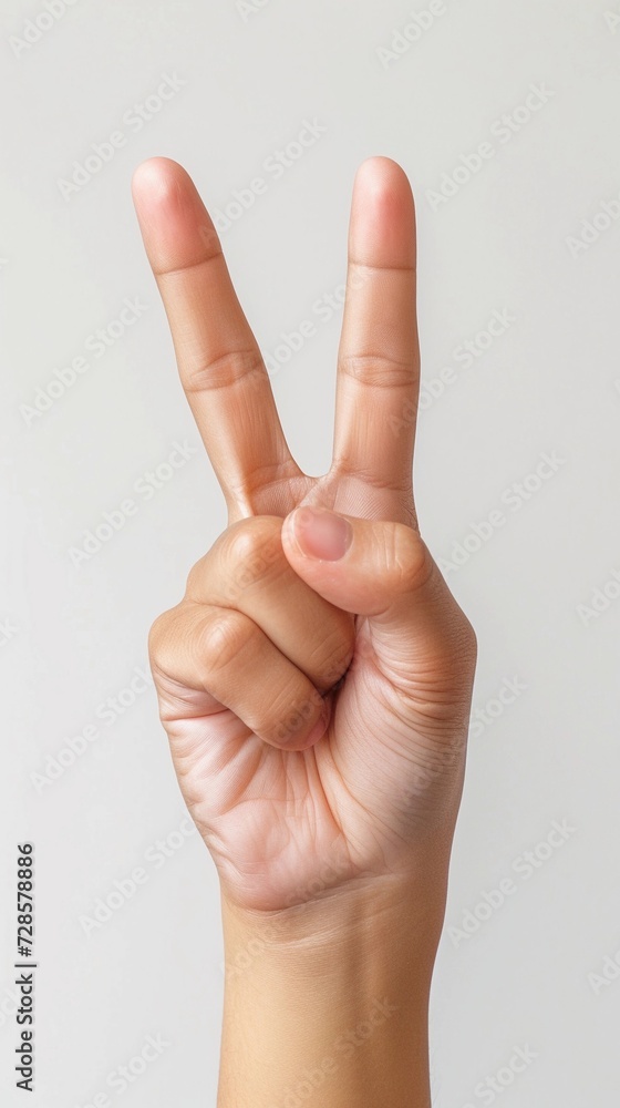 Close-up of hand raising two fingers victory symbol on white background, background image, generative AI Close-up of hand raising two fingers victory symbol on white background, background image, generative AI
