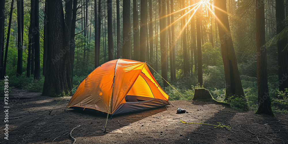 orange tourist tent in a forest camp, sun rays - obrazy, fototapety, plakaty 