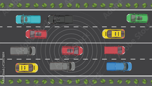 top view flat cartoon of car vehicle with autonomous sensor safety sensing