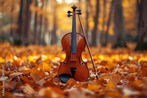 As the crisp autumn leaves swirl around, a lone violin in the tree branches plays a melancholic melody, filling the outdoor air with the haunting beauty of the violin family photo