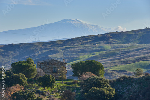 the verdant valleys and hills under the Etna Volcano in Sicily on a beautiful winter day in 2024