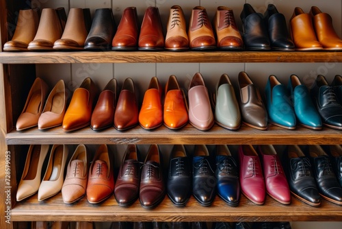 A vibrant display of footwear awaits at the shoe store, neatly organized on a shelf with a stunning collection of boots and shoes in various colors