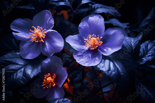 flowers and leaves in the spring  in the style of photorealistic landscapes  dark purple and light indigo