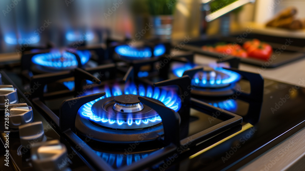 Photograph of a gas stove in a household kitchen Photograph of a gas stove in a household kitchen