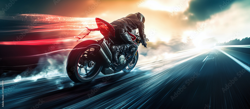 Motorbike. Professional motorcyclist riding at high speed on the road
