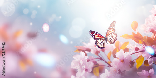 Beautiful butterfly and branch with tiny flowers on light blue background, Butterfly on a pink flower background, butterflyfarm, Generative AI