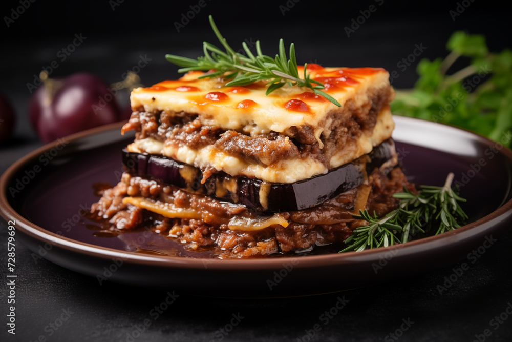 A slice of layered meat lasagna garnished with parsley on a ceramic plate, with ingredients in background. A slice of layered meat lasagna garnished with parsley on a ceramic plate, with ingredients in background.
