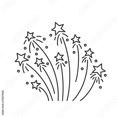 Fireworks explosion with sparkles and stars flying up line icon. Thin black outline silhouettes of moving stars shine and glow, firework monochrome icon, carnival party element vector illustration