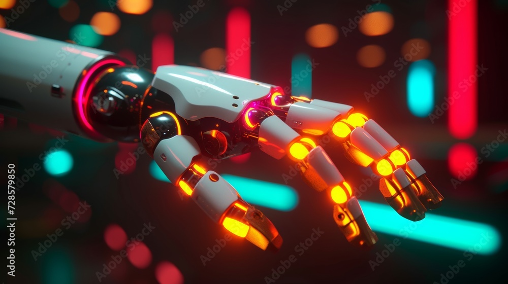 A neon-lit robotic hand, a symbol of innovation and precision engineering A neon-lit robotic hand, a symbol of innovation and precision engineering